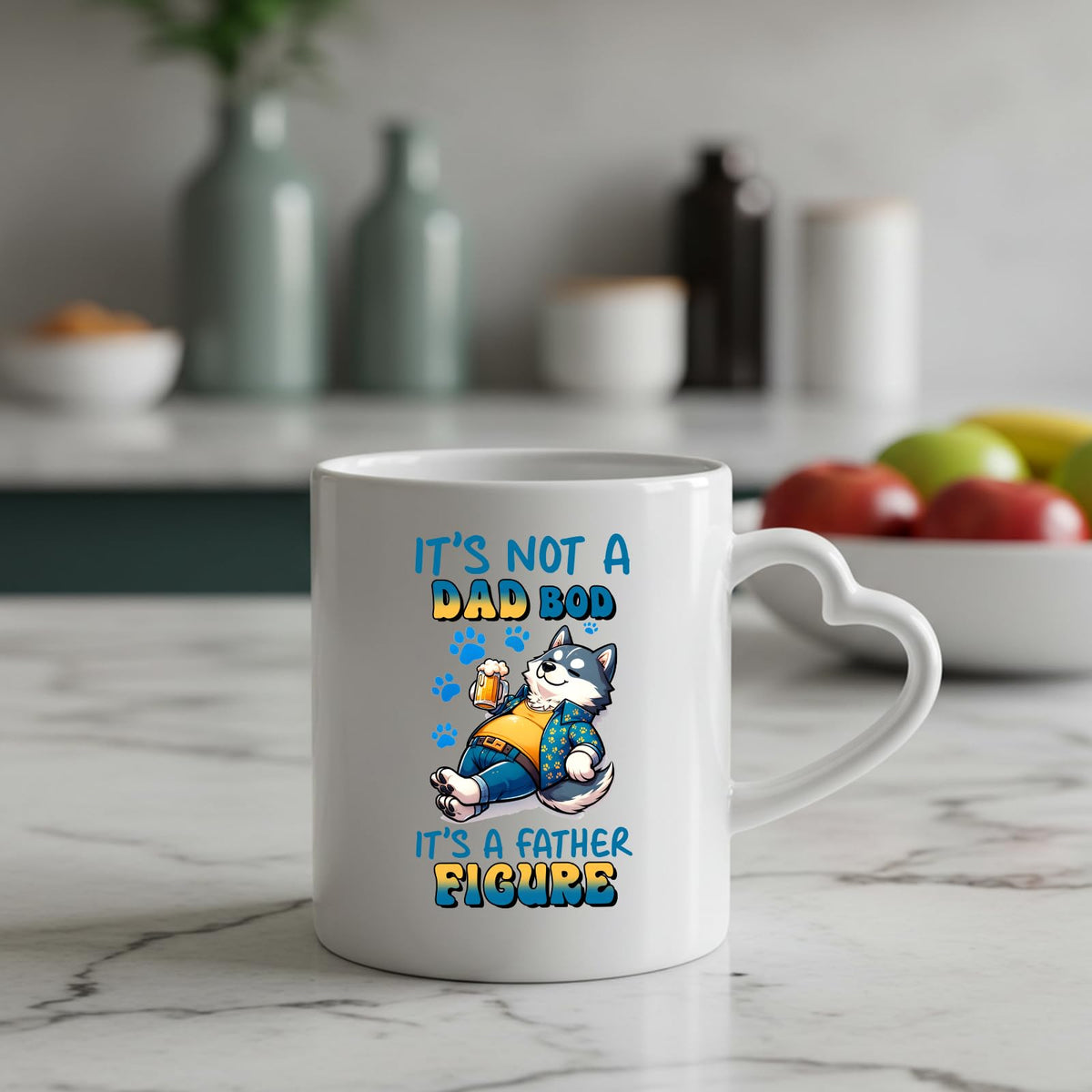 Dad Bod husky heart-handle mug on a marble counter with fruit