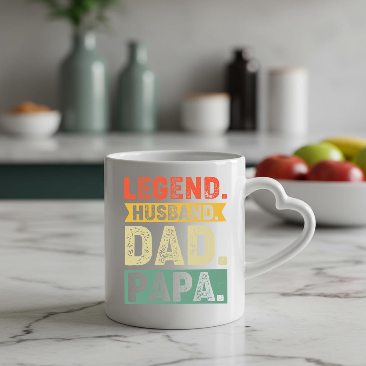 Legend Husband Dad Papa heart-handle mug on a marble counter with fruit