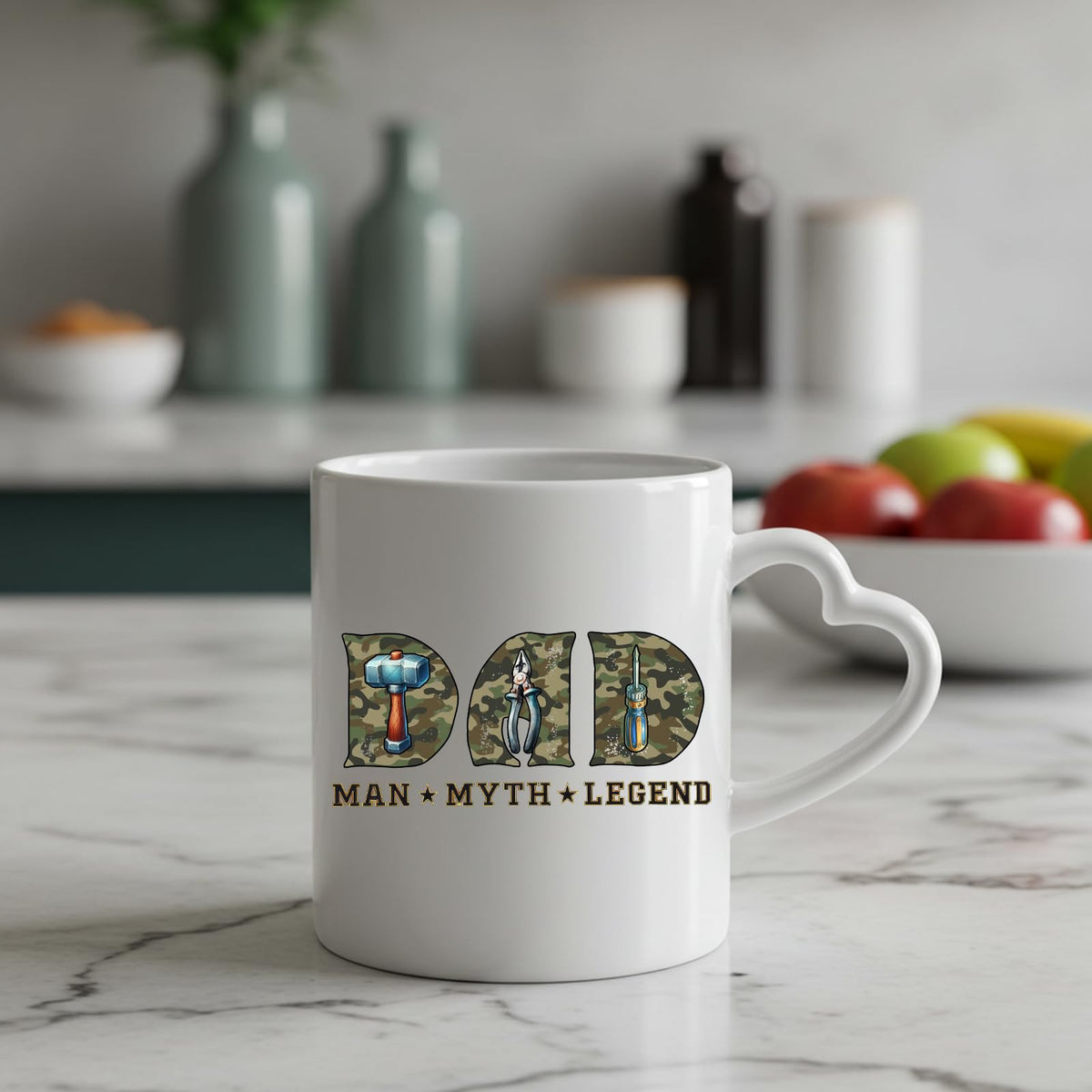 Dad Man Myth Legend tools heart-handle mug on a marble counter with fruit