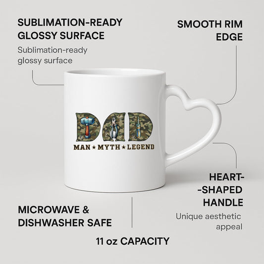 Heart-handle mug with labels for 11oz capacity, glossy surface and heart-shaped handle