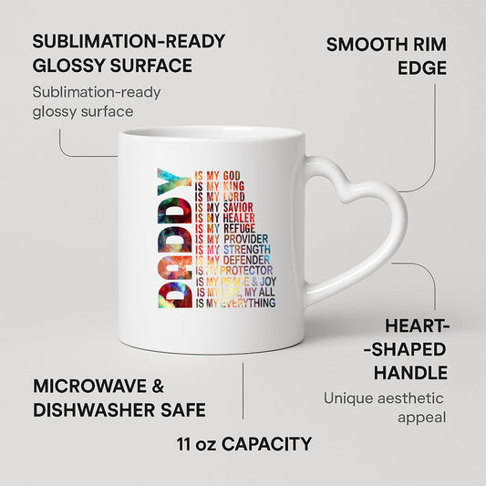 Heart-handle mug with labels for 11oz capacity, glossy surface and heart-shaped handle
