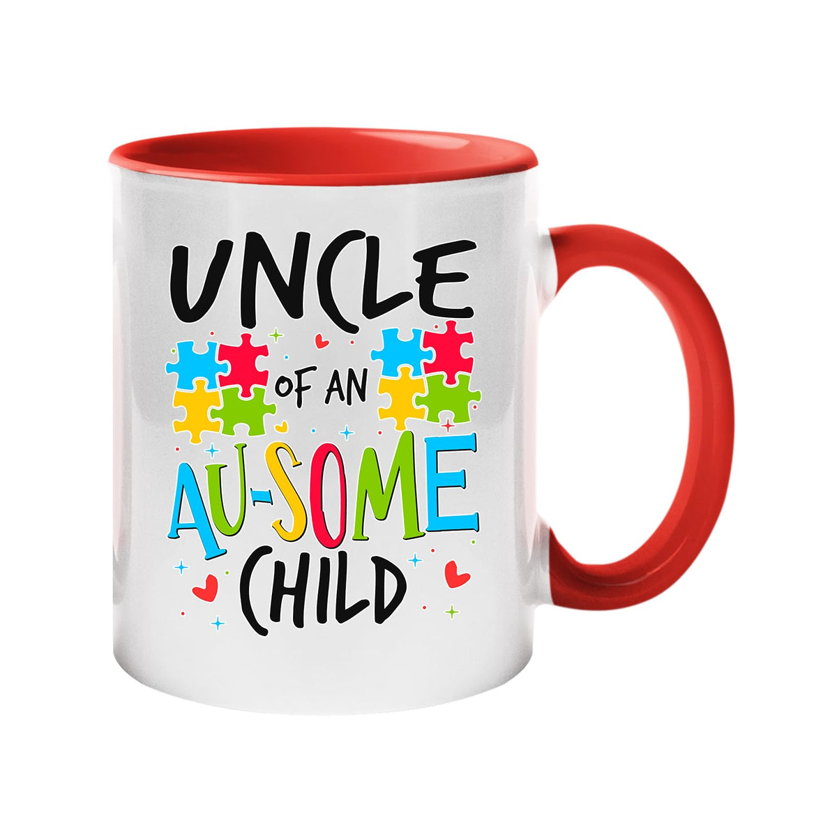 Colour handle mug with “Uncle of an AU-SOME child” with colourful puzzle pieces – red handle and inside