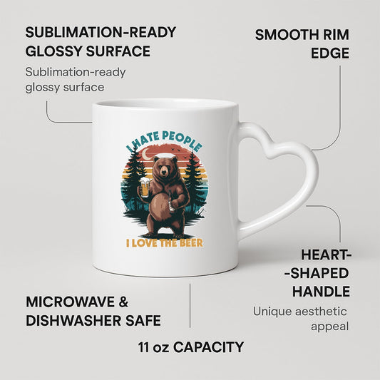 Heart-handle mug with labels for 11oz capacity, glossy surface and heart-shaped handle