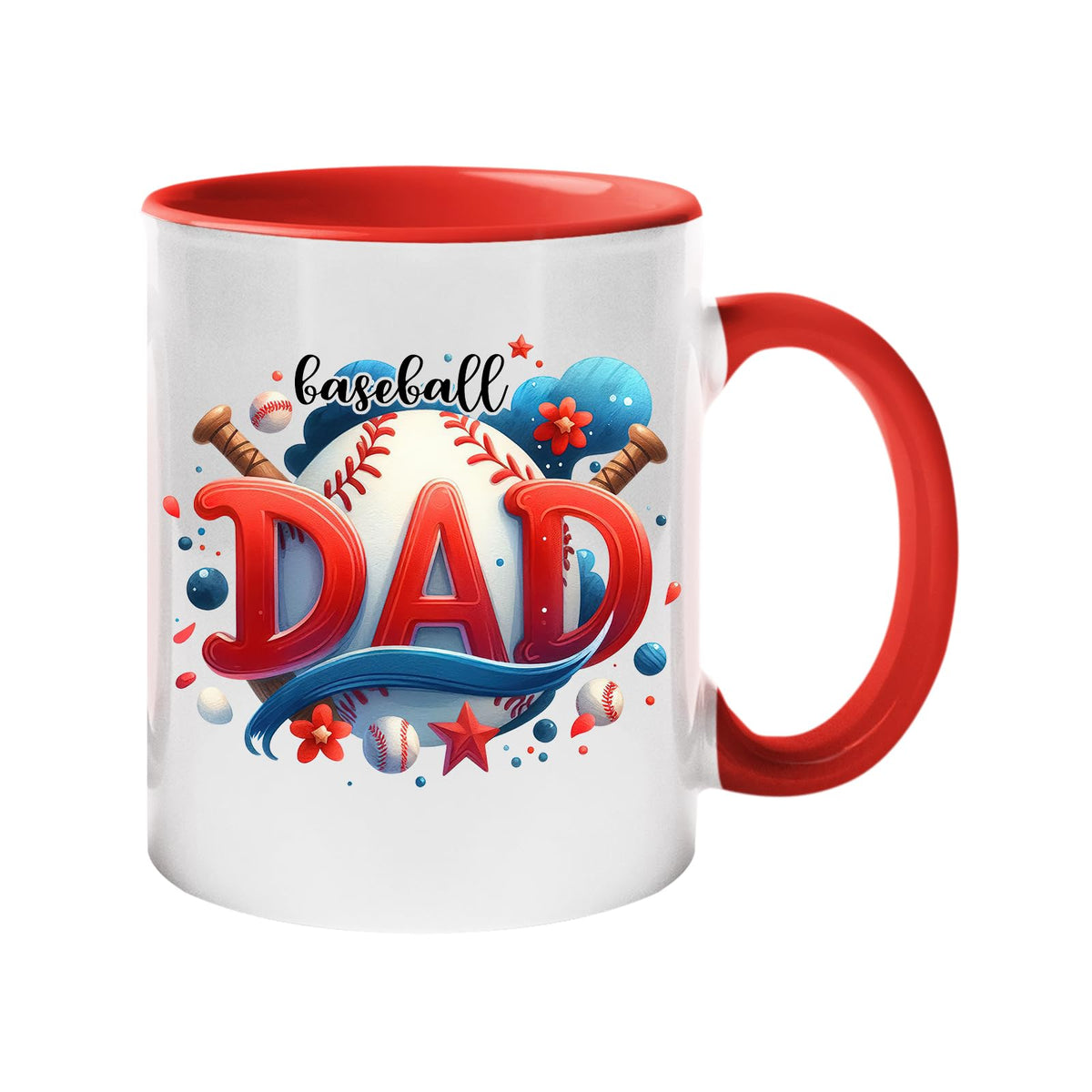 Colour handle mug with “Baseball DAD” in bold red letters with a baseball and bats – red handle and inside