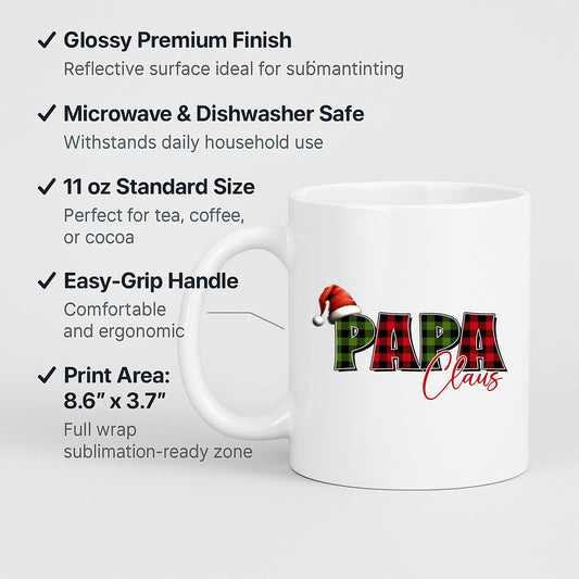 White mug with labels for 11oz size, glossy finish, easy-grip handle and print area