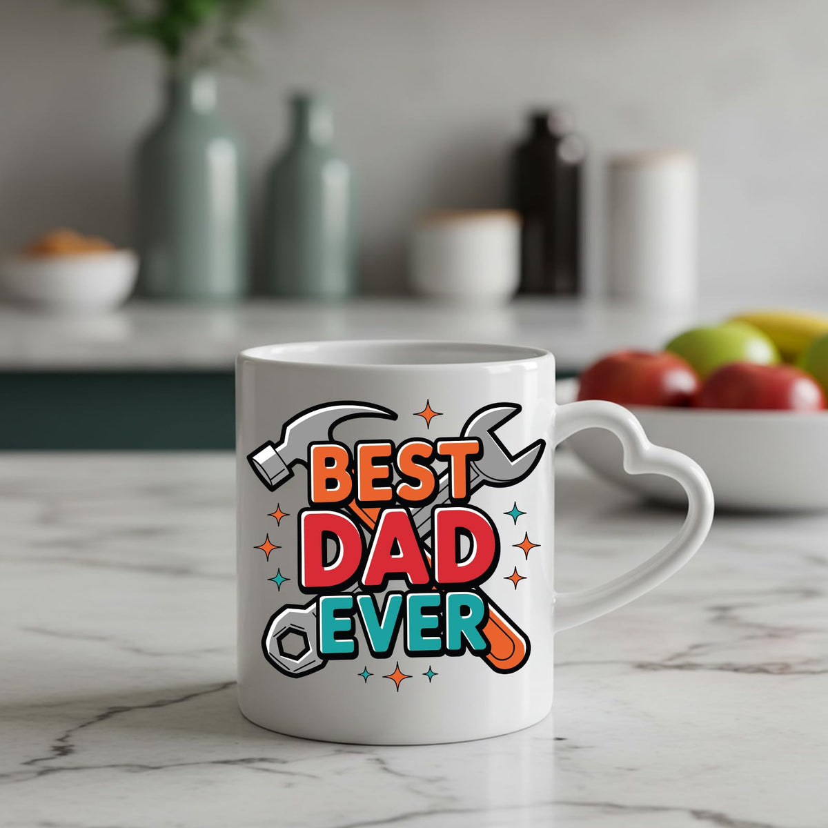 Best Dad Ever tools heart-handle mug on a marble counter with fruit
