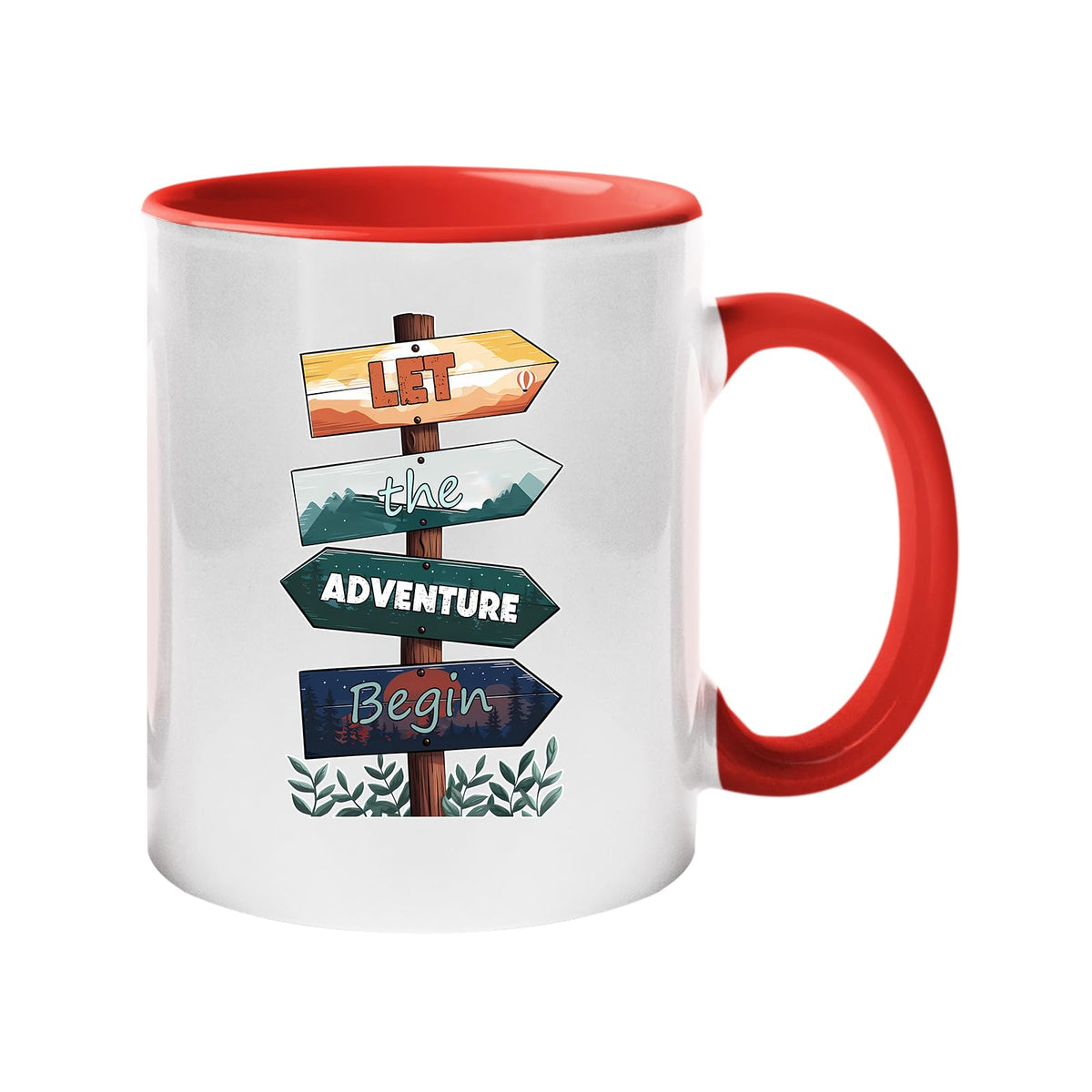 Colour handle mug with wooden signposts spelling out “Let the adventure begin” – red handle and inside