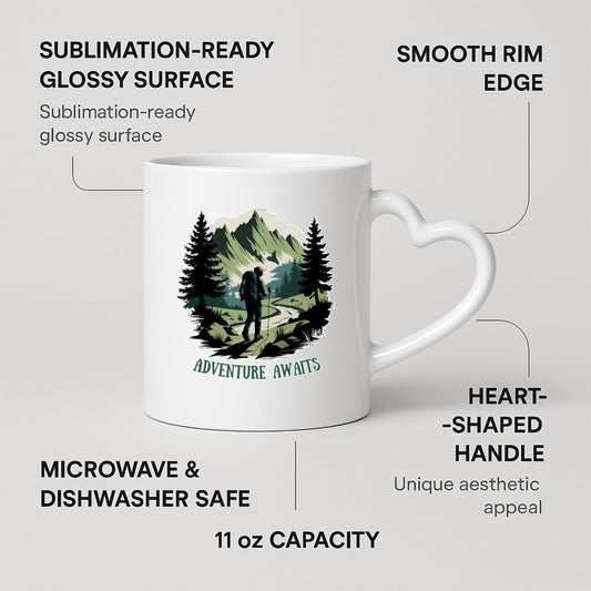 Heart-handle mug with labels for 11oz capacity, glossy surface and heart-shaped handle