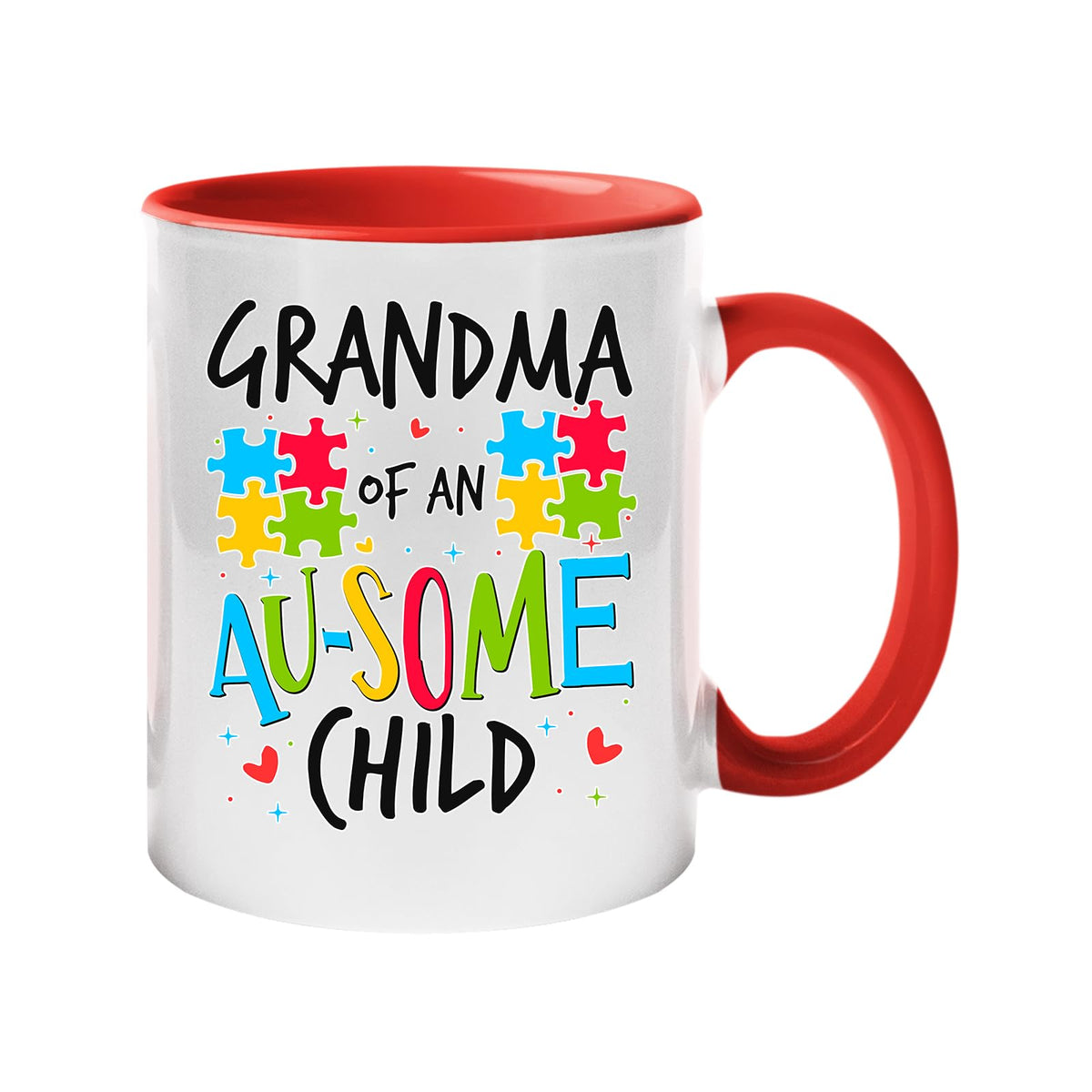 Colour handle mug with “Grandma of an AU-SOME child” with colourful puzzle pieces – red handle and inside