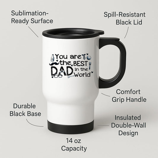 Travel mug with labels for spill-resistant lid, insulated double wall and 14oz capacity