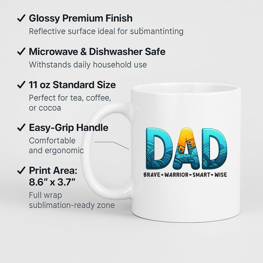 White mug with labels for 11oz size, glossy finish, easy-grip handle and print area