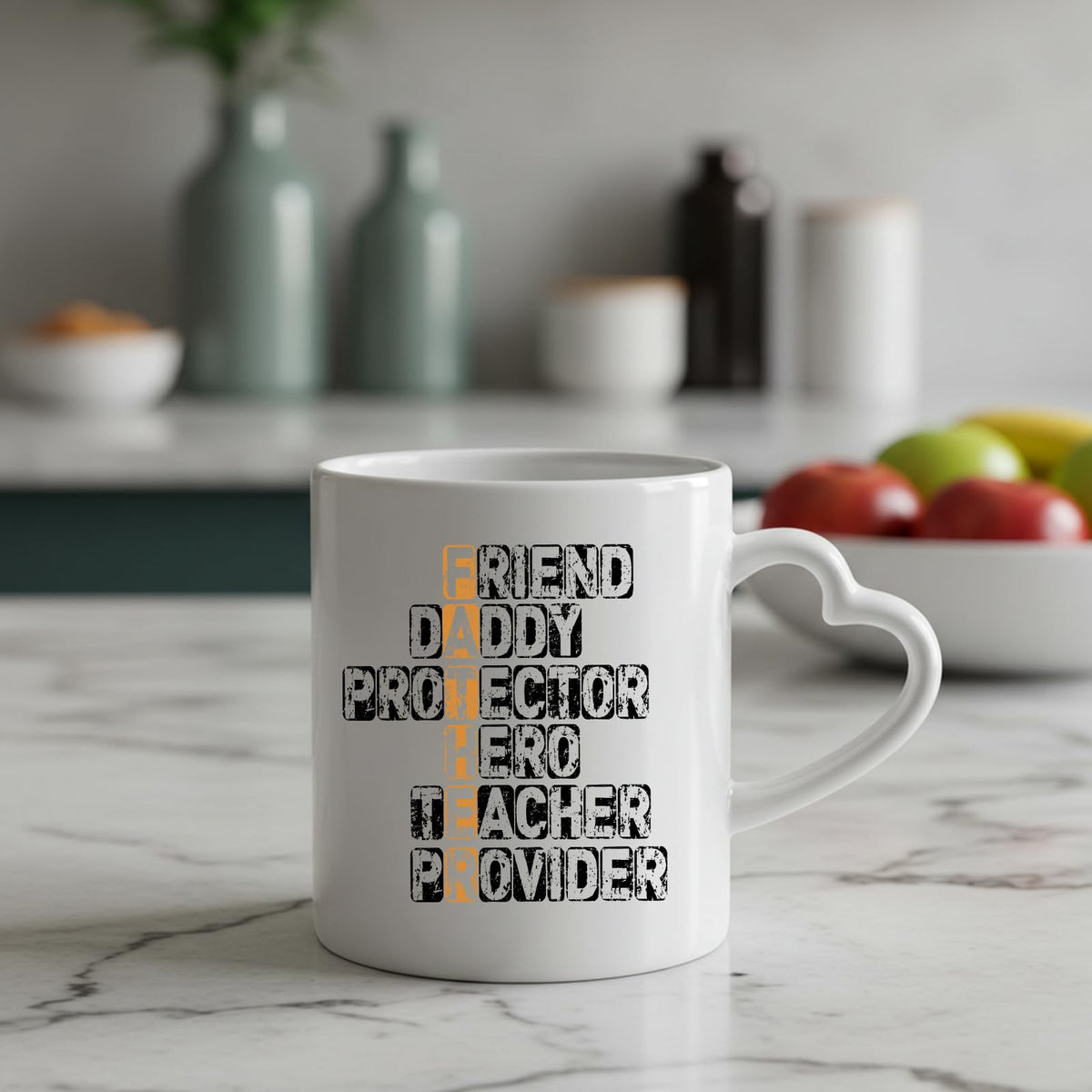 FATHER acrostic heart-handle mug on a marble counter with fruit