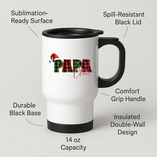 Travel mug with labels for spill-resistant lid, insulated double wall and 14oz capacity