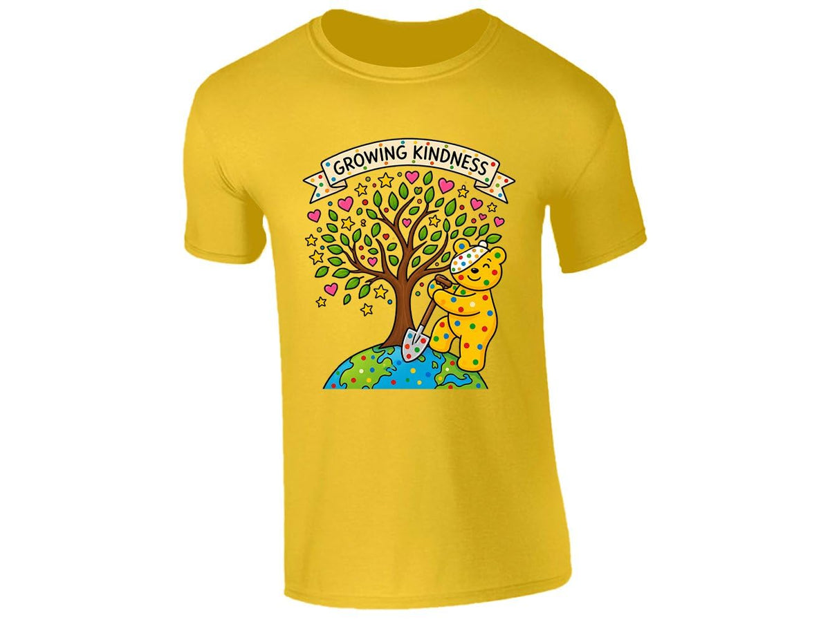 Yellow kids' T-shirt with “Growing Kindness” spotty bear and heart tree design
