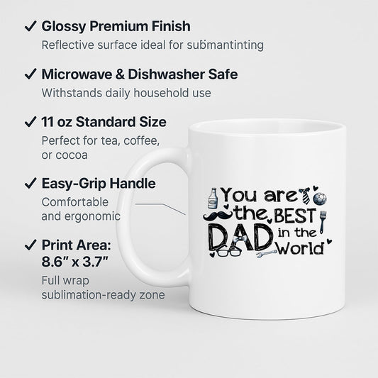 White mug with labels for 11oz size, glossy finish, easy-grip handle and print area