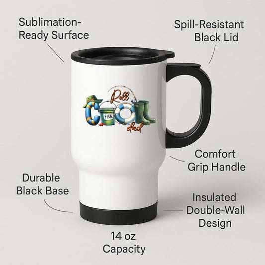 Travel mug with labels for spill-resistant lid, insulated double wall and 14oz capacity