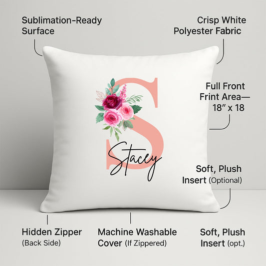 Cushion with a blush pink initial with roses and an example name and feature labels