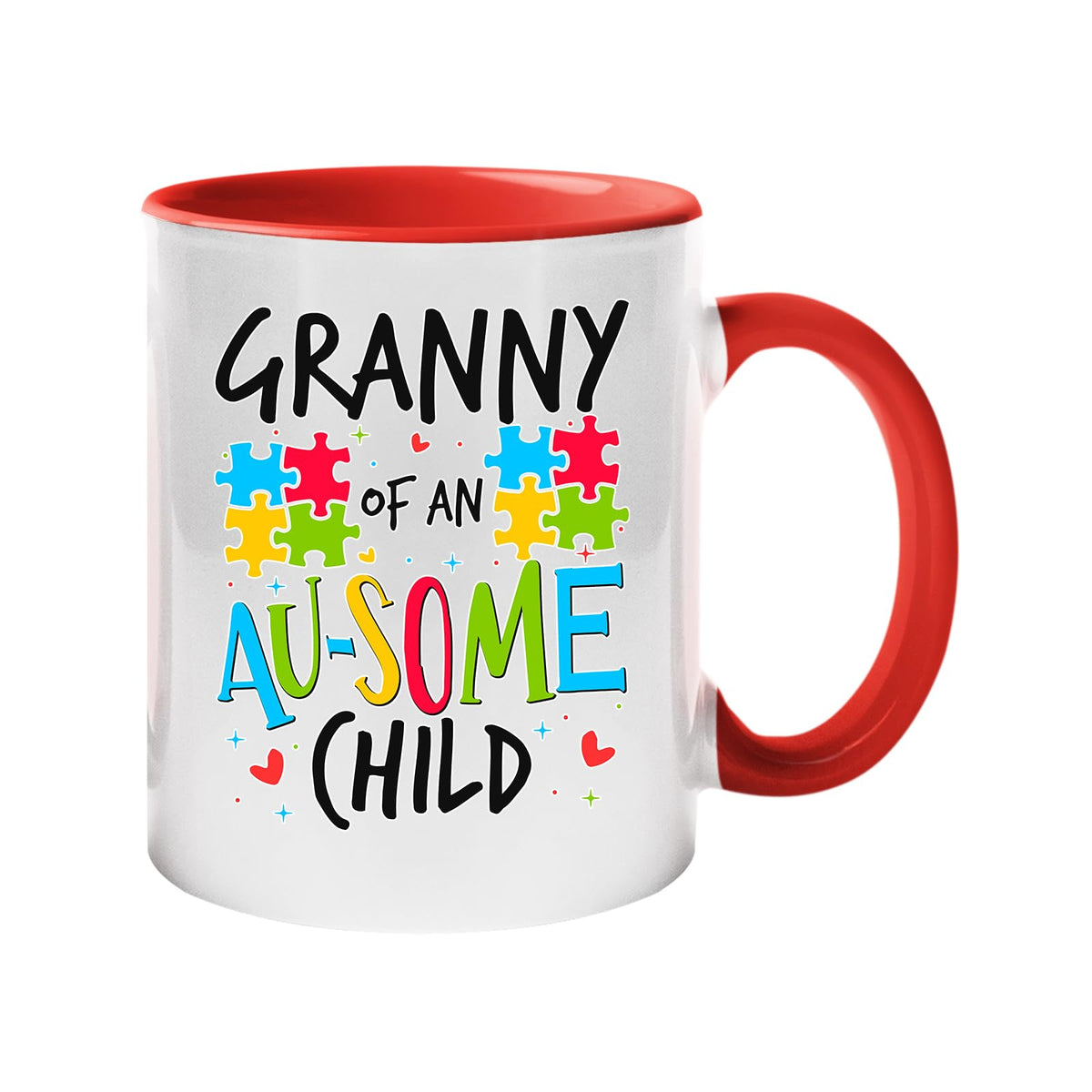 Colour handle mug with “Granny of an AU-SOME child” with colourful puzzle pieces – red handle and inside