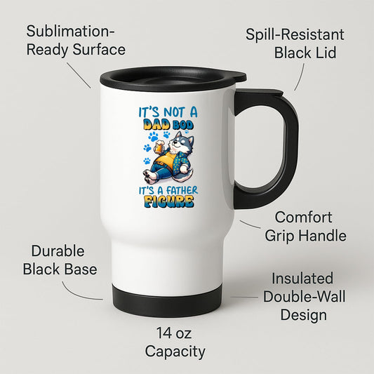 Travel mug with labels for spill-resistant lid, insulated double wall and 14oz capacity