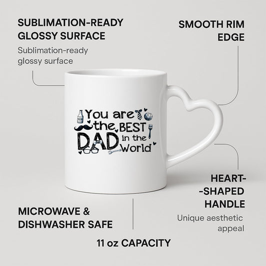 Heart-handle mug with labels for 11oz capacity, glossy surface and heart-shaped handle