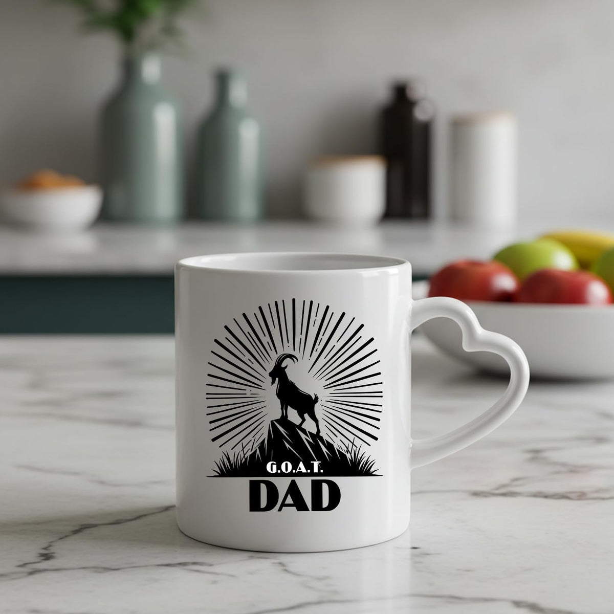 GOAT Dad heart-handle mug on a marble counter with fruit