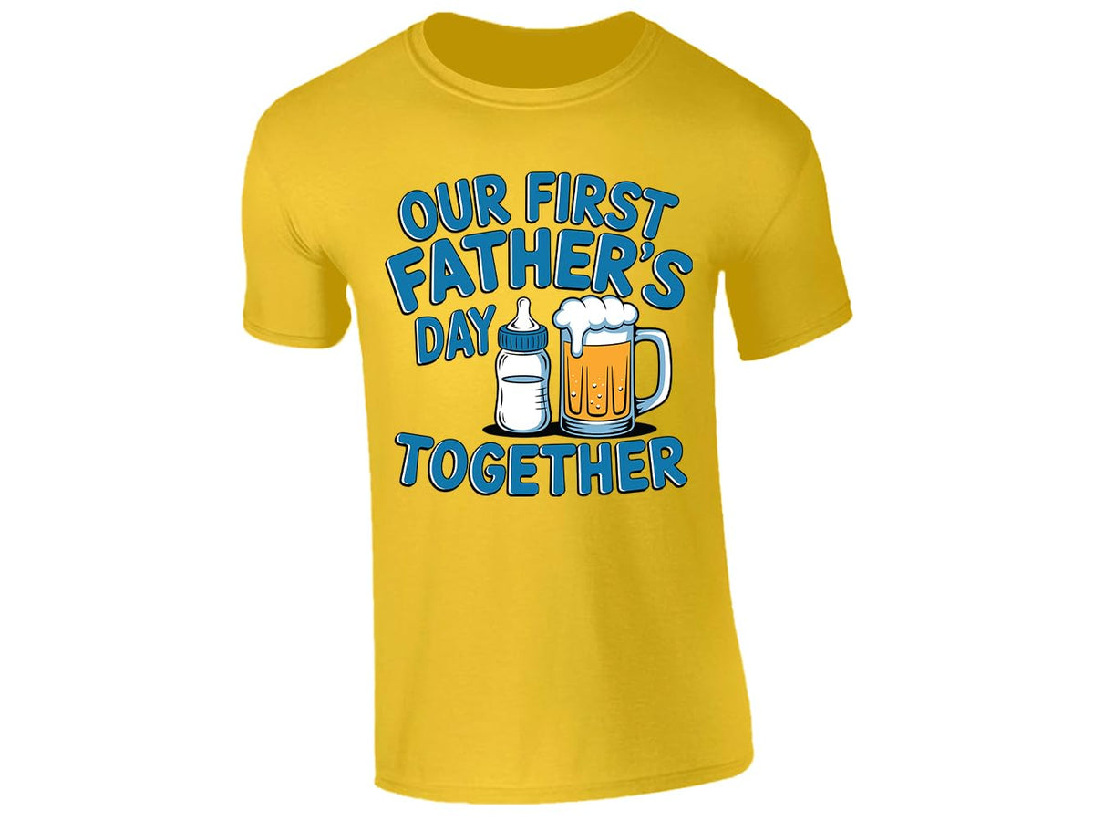 Yellow men's T-shirt with “Our first Father’s Day together” baby bottle and beer design