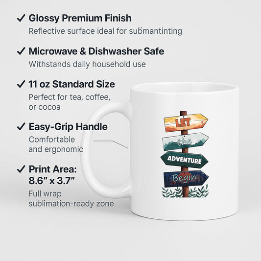 White mug with labels for 11oz size, glossy finish, easy-grip handle and print area