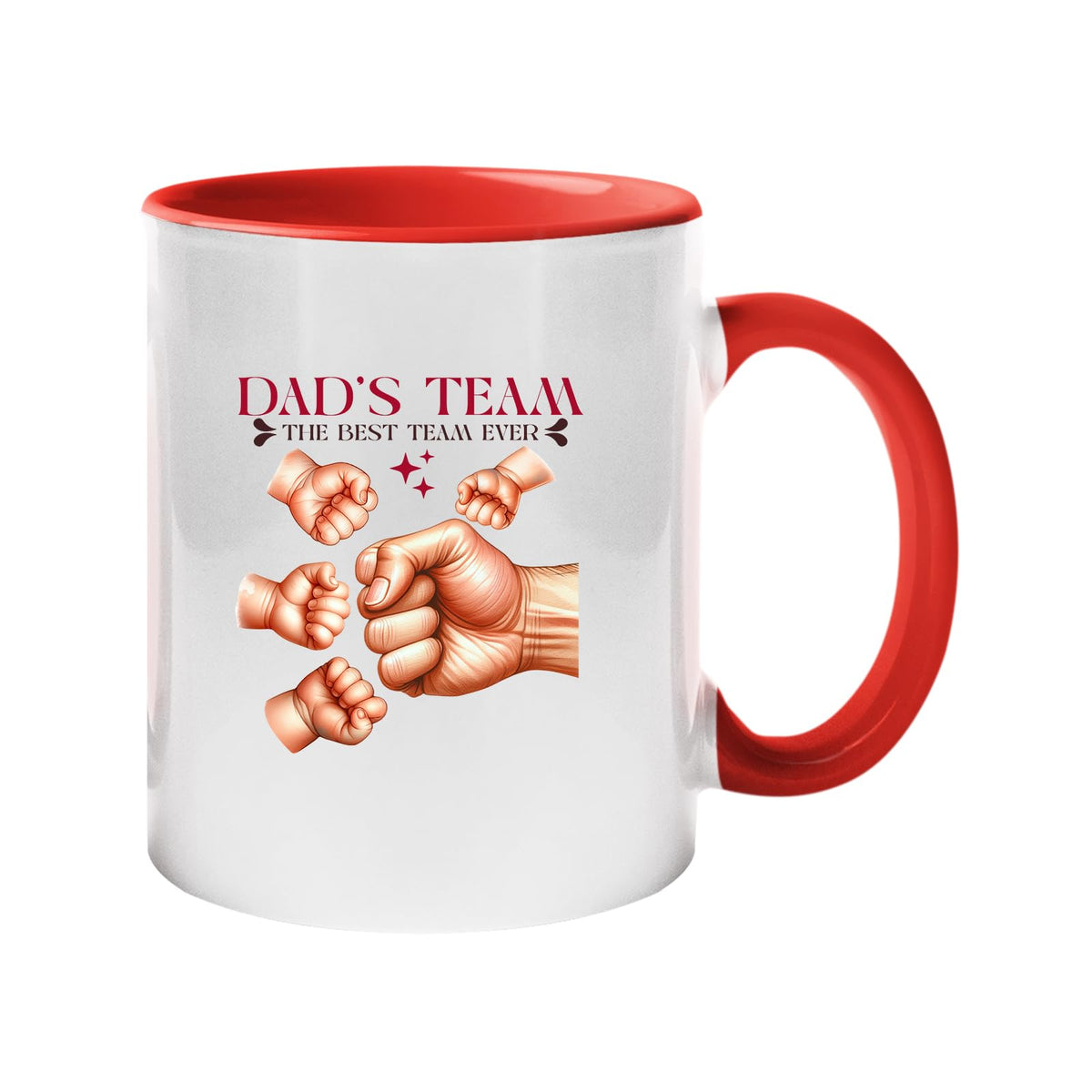 Colour handle mug with “Dad’s Team – the best team ever” with a big fist bumping little fists – red handle and inside