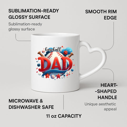 Heart-handle mug with labels for 11oz capacity, glossy surface and heart-shaped handle