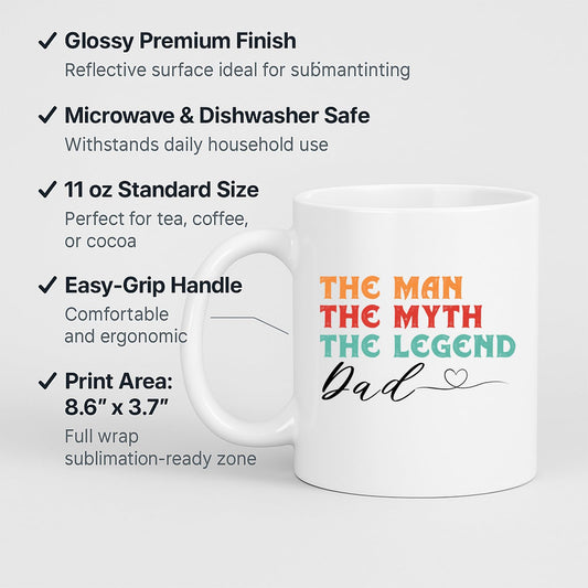 White mug with labels for 11oz size, glossy finish, easy-grip handle and print area