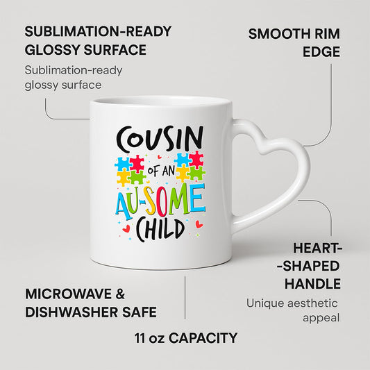 Heart-handle mug with labels for 11oz capacity, glossy surface and heart-shaped handle