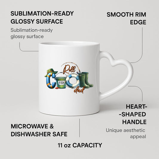 Heart-handle mug with labels for 11oz capacity, glossy surface and heart-shaped handle