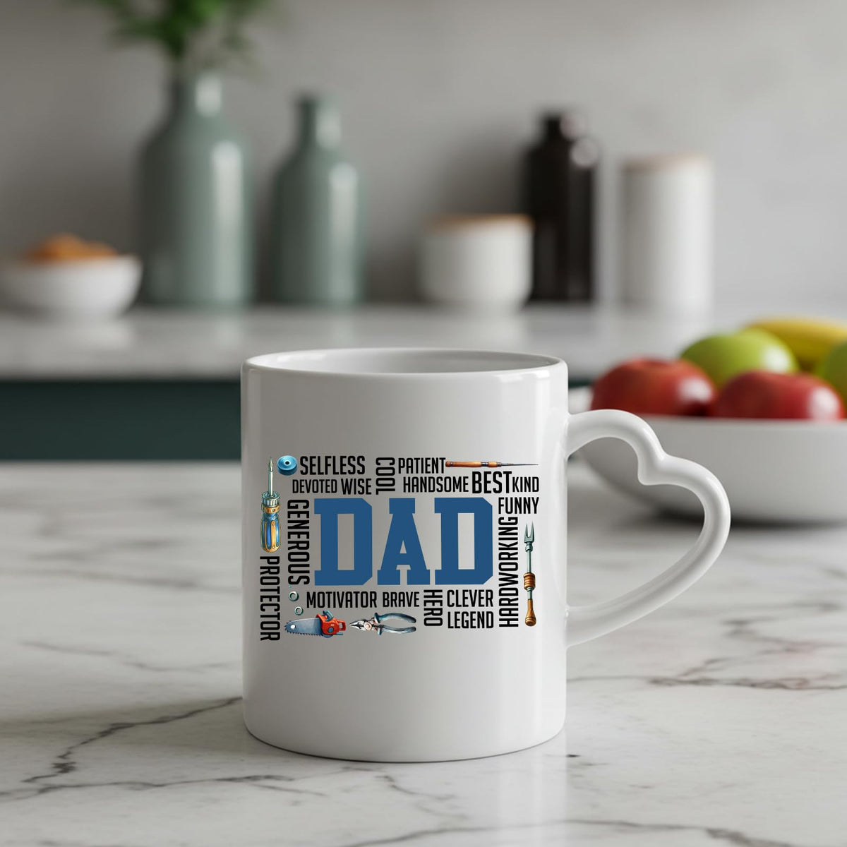 DAD word cloud heart-handle mug on a marble counter with fruit