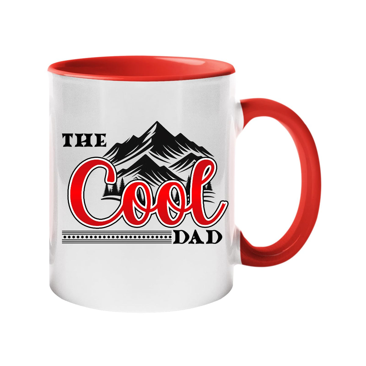 Colour handle mug with “The Cool Dad” in red script under black mountain peaks – red handle and inside