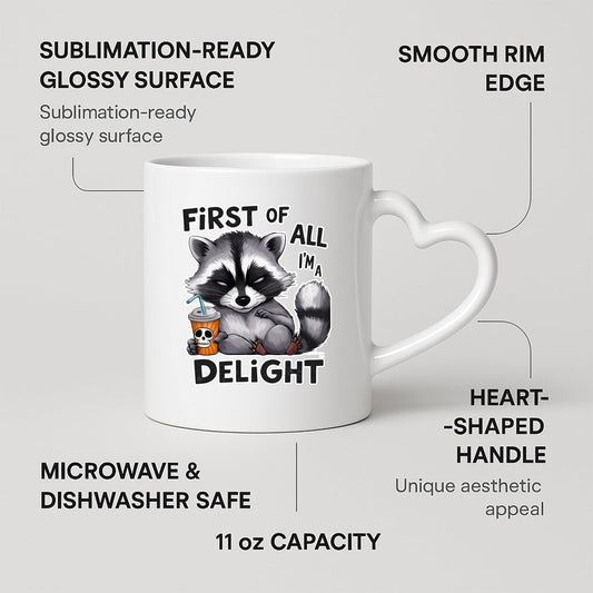 Heart-handle mug with labels for 11oz capacity, glossy surface and heart-shaped handle