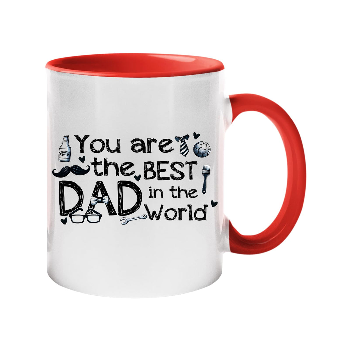 Colour handle mug with “You are the best Dad in the world” with hand-drawn dad icons – red handle and inside