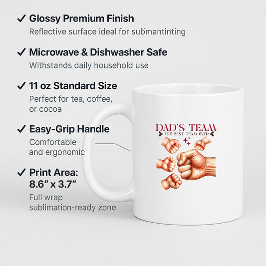 White mug with labels for 11oz size, glossy finish, easy-grip handle and print area