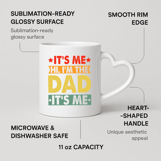 Heart-handle mug with labels for 11oz capacity, glossy surface and heart-shaped handle