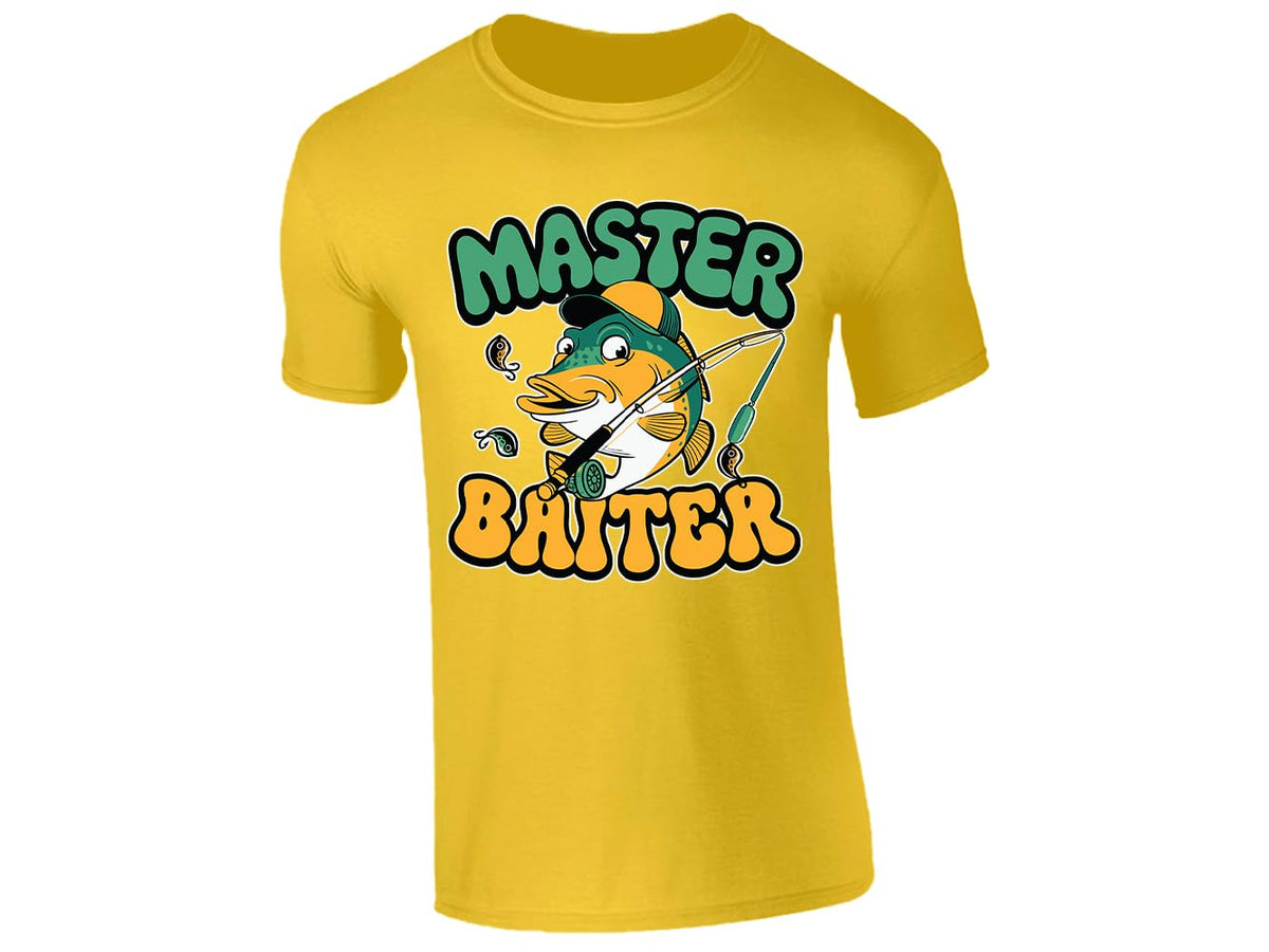Yellow men's T-shirt with “Master Baiter” cartoon fish design