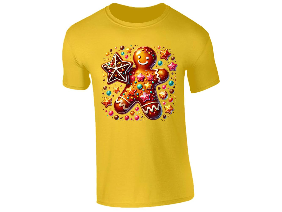 Yellow men's T-shirt with gingerbread man and Christmas sweets design