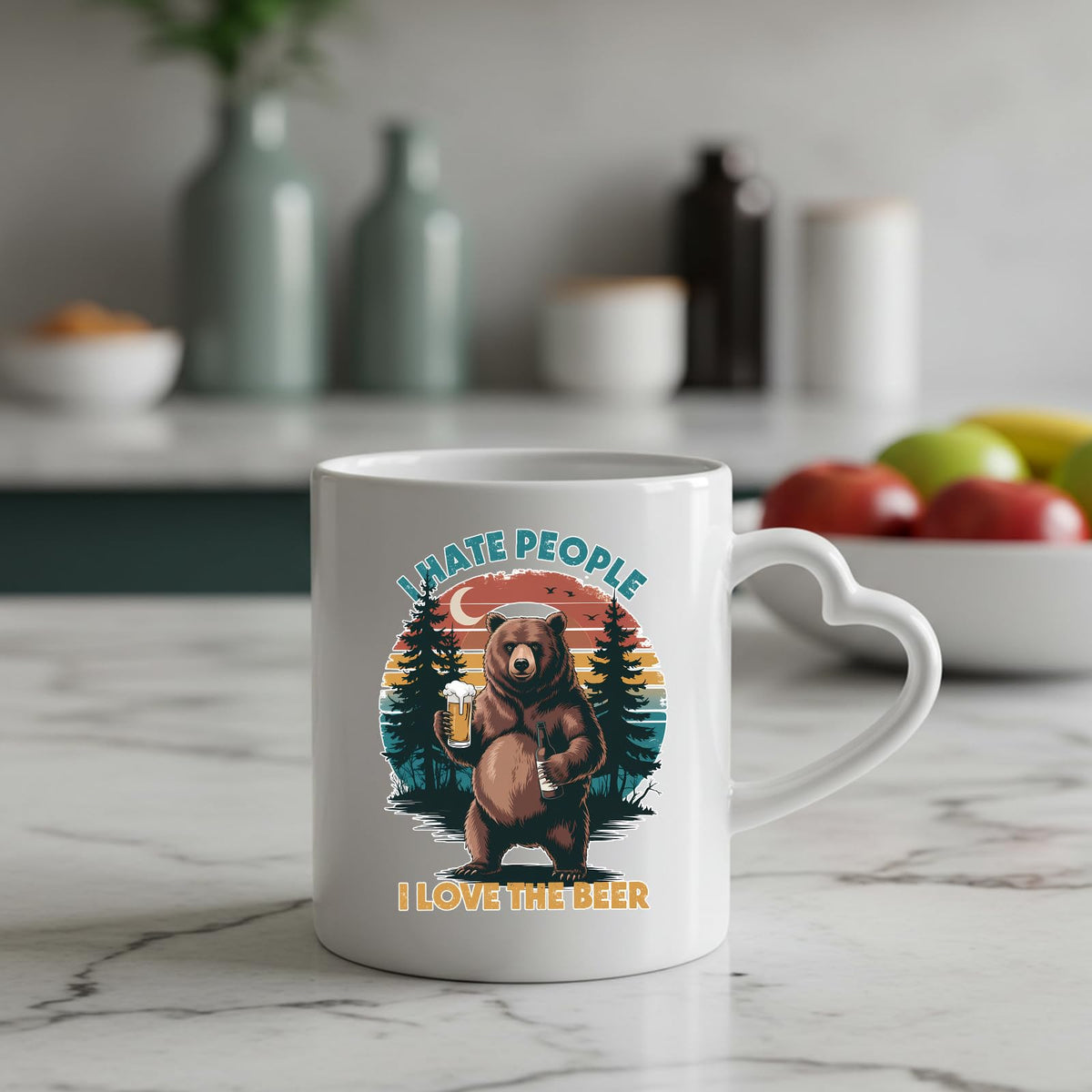 beer-loving bear heart-handle mug on a marble counter with fruit