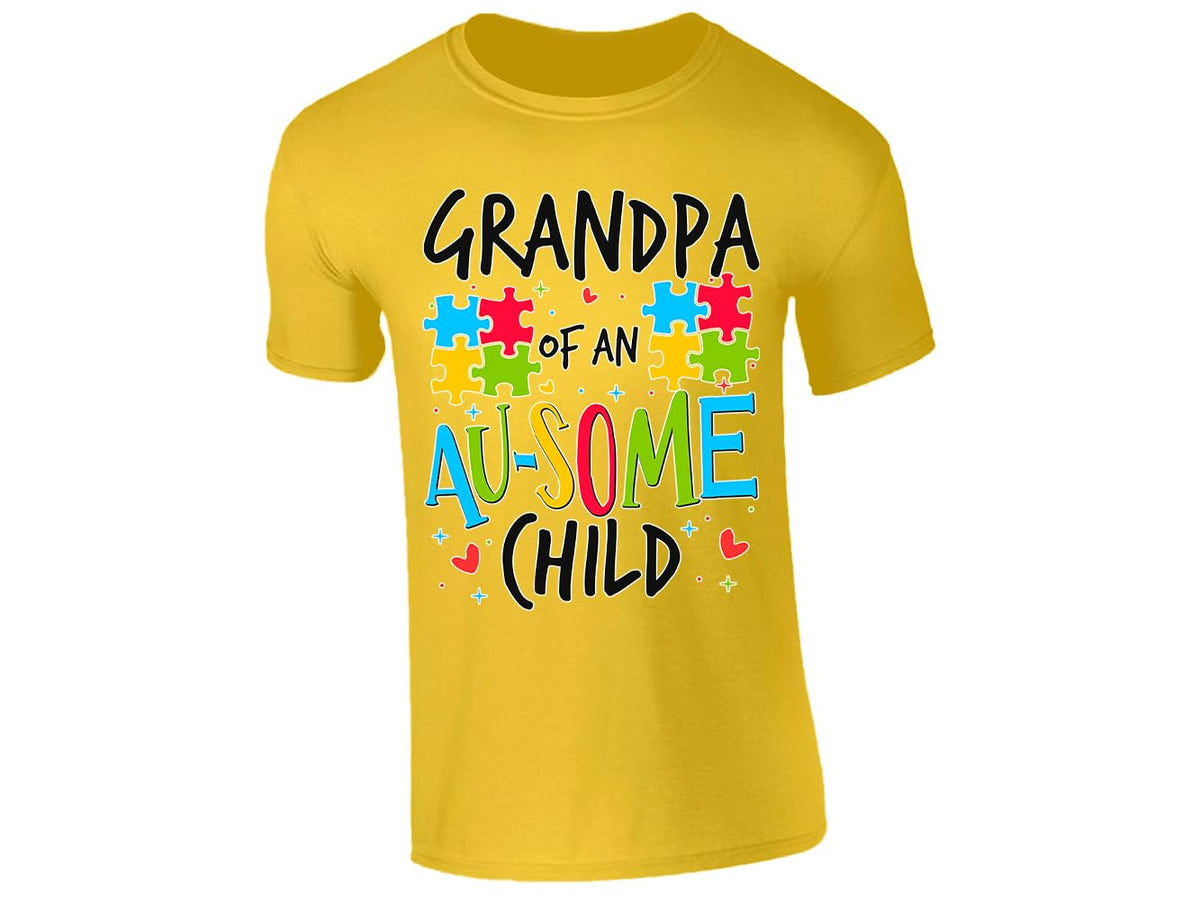 Yellow men's T-shirt with “Grandpa of an Au-some child” puzzle piece design