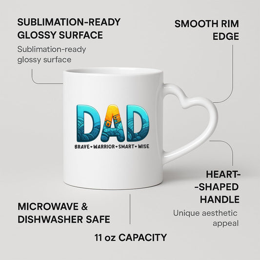 Heart-handle mug with labels for 11oz capacity, glossy surface and heart-shaped handle