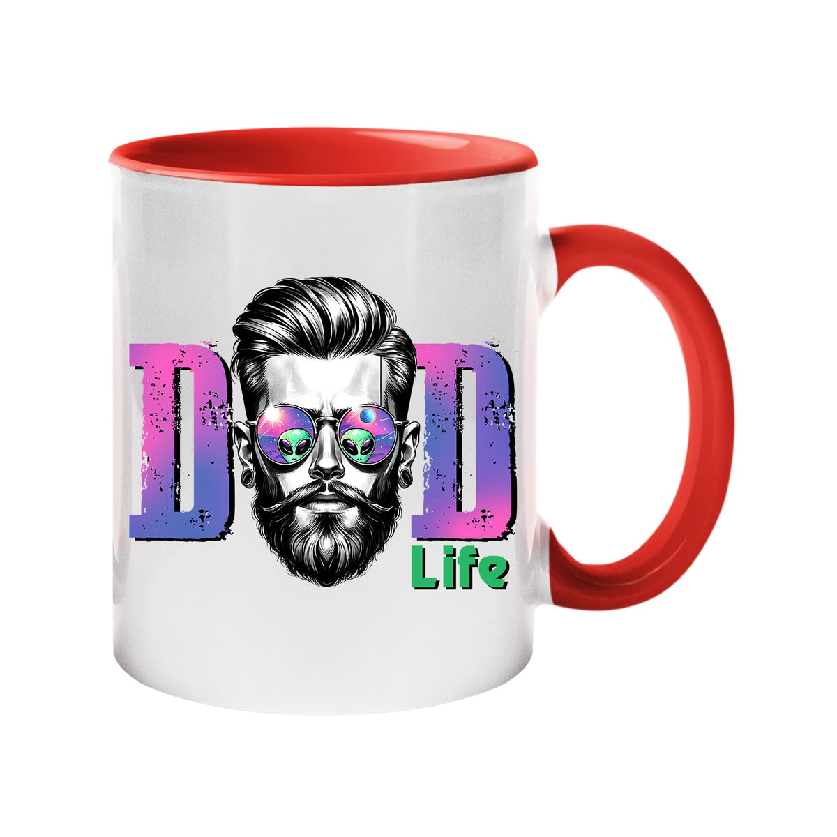 Colour handle mug with a bearded dad in sunglasses between pink “DAD” letters signed “Life” – red handle and inside