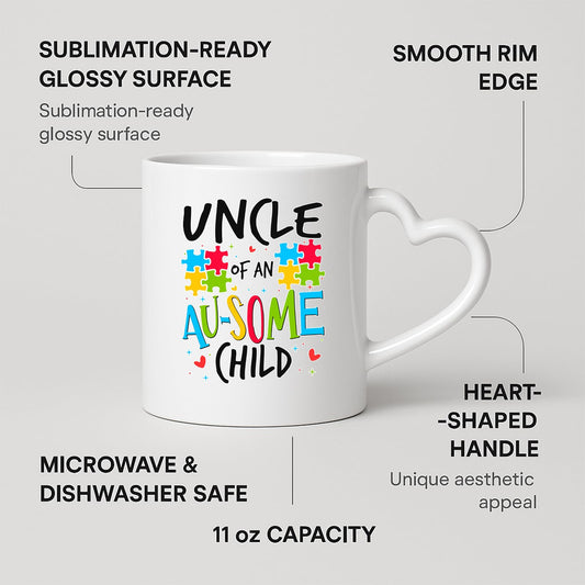 Heart-handle mug with labels for 11oz capacity, glossy surface and heart-shaped handle