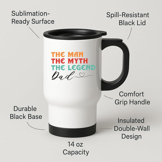 Travel mug with labels for spill-resistant lid, insulated double wall and 14oz capacity