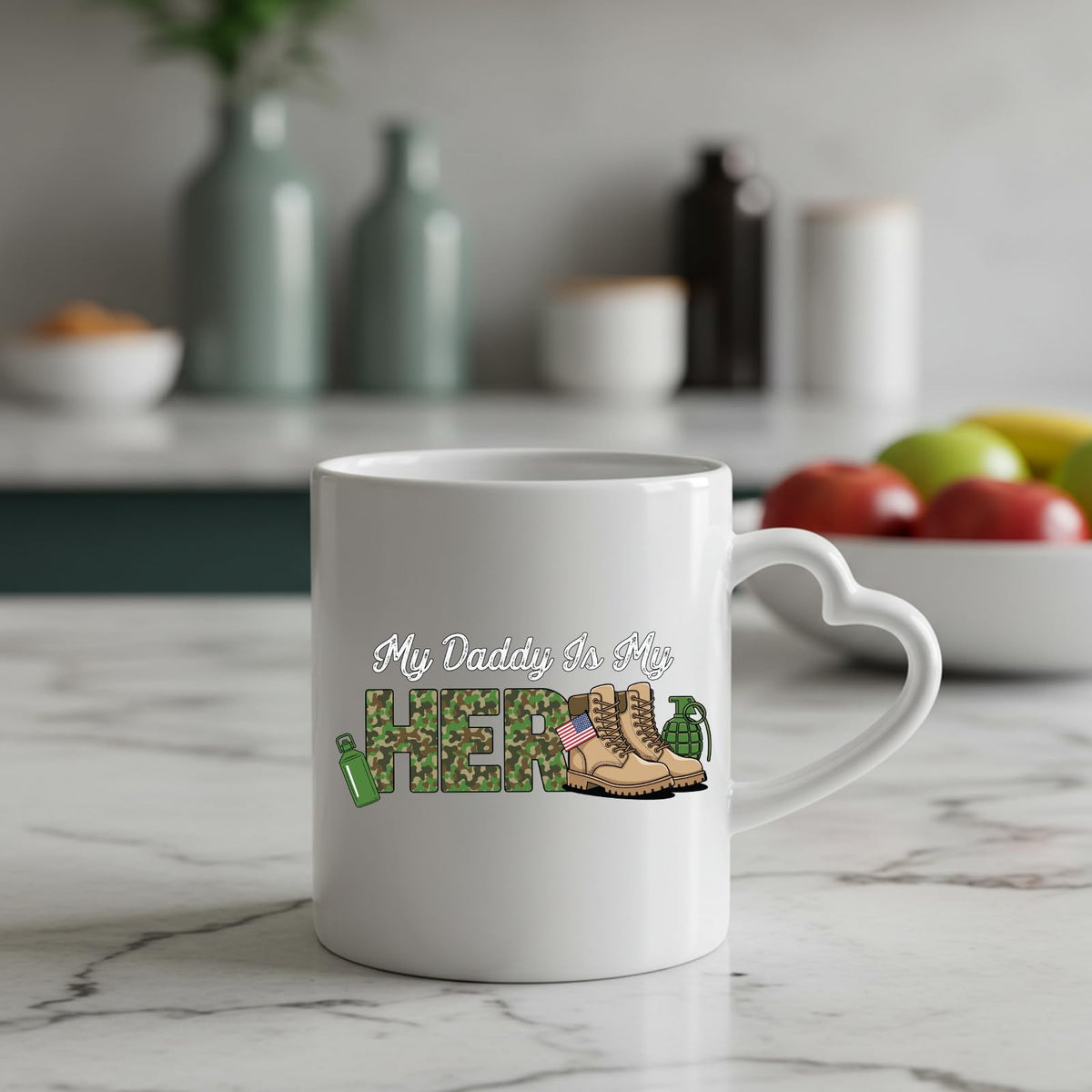 My Daddy Is My Hero military heart-handle mug on a marble counter with fruit
