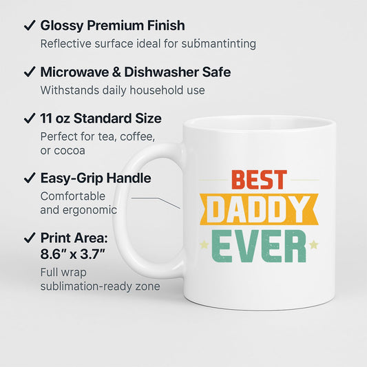 White mug with labels for 11oz size, glossy finish, easy-grip handle and print area