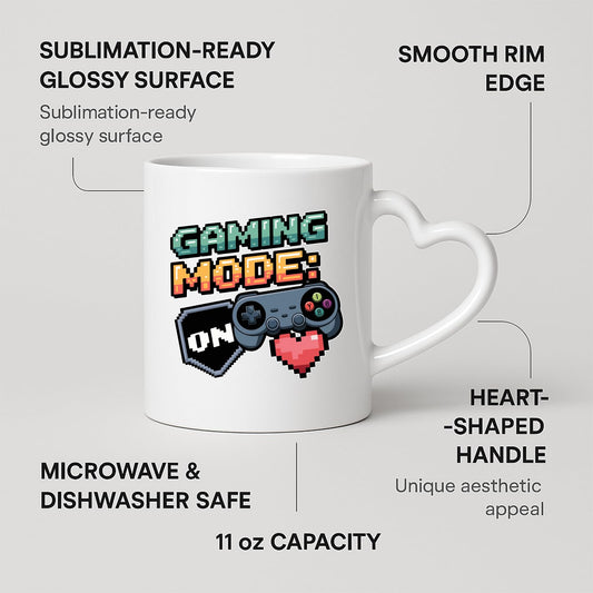 Heart-handle mug with labels for 11oz capacity, glossy surface and heart-shaped handle
