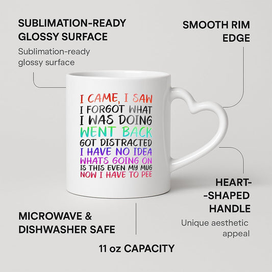 Heart-handle mug with labels for 11oz capacity, glossy surface and heart-shaped handle